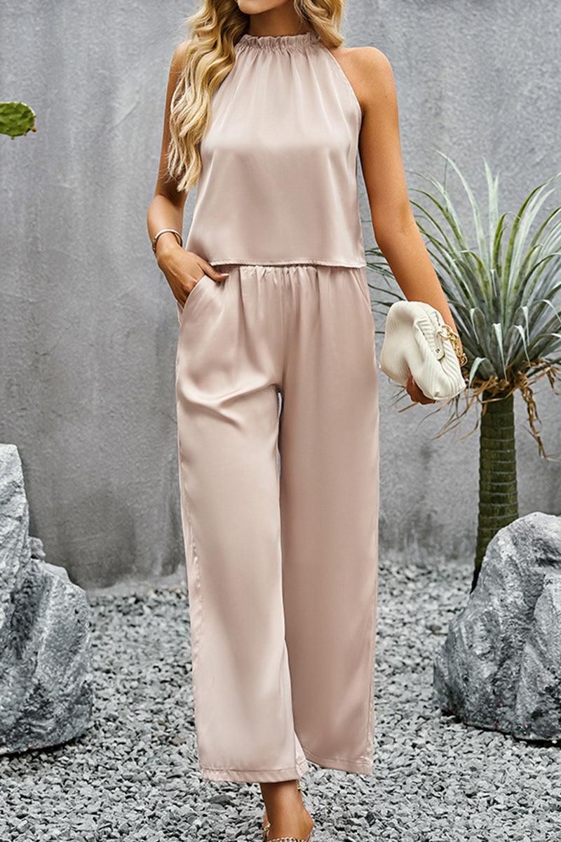 HIGH HALTER NECK SLEEVELESS TOP AND PANTS SET - Doublju