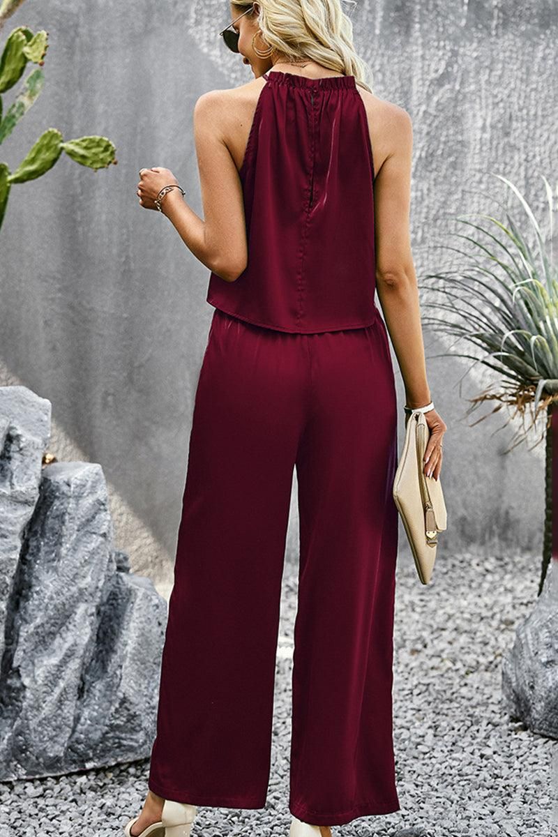 HIGH HALTER NECK SLEEVELESS TOP AND PANTS SET - Doublju