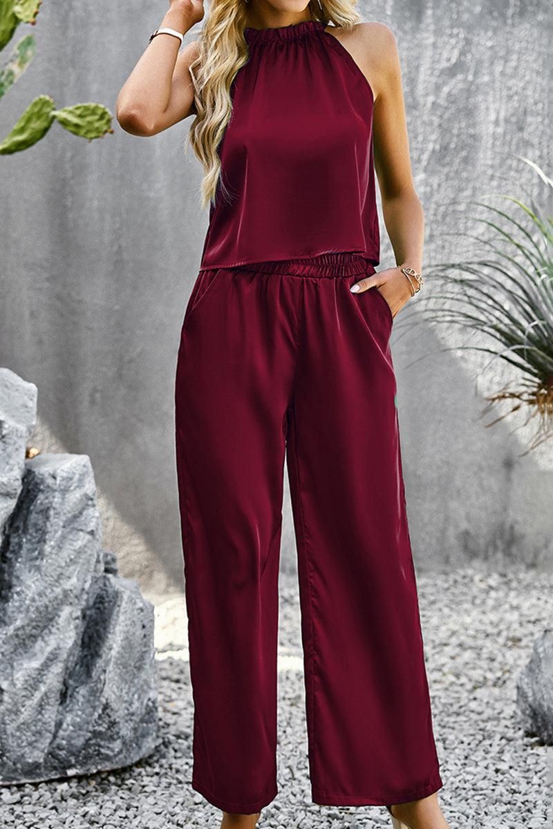 HIGH HALTER NECK SLEEVELESS TOP AND PANTS SET - Doublju