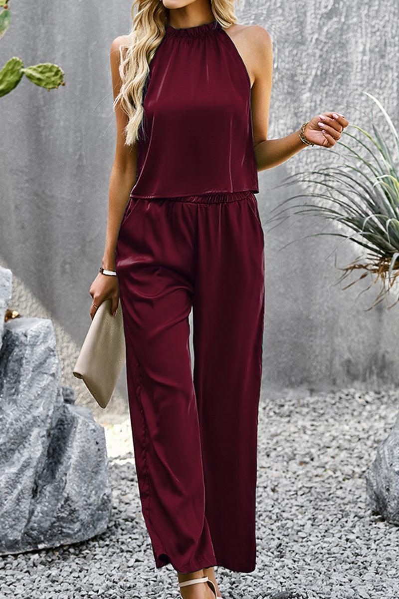 HIGH HALTER NECK SLEEVELESS TOP AND PANTS SET - Doublju