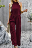 HIGH HALTER NECK SLEEVELESS TOP AND PANTS SET - Doublju