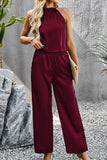 HIGH HALTER NECK SLEEVELESS TOP AND PANTS SET - Doublju