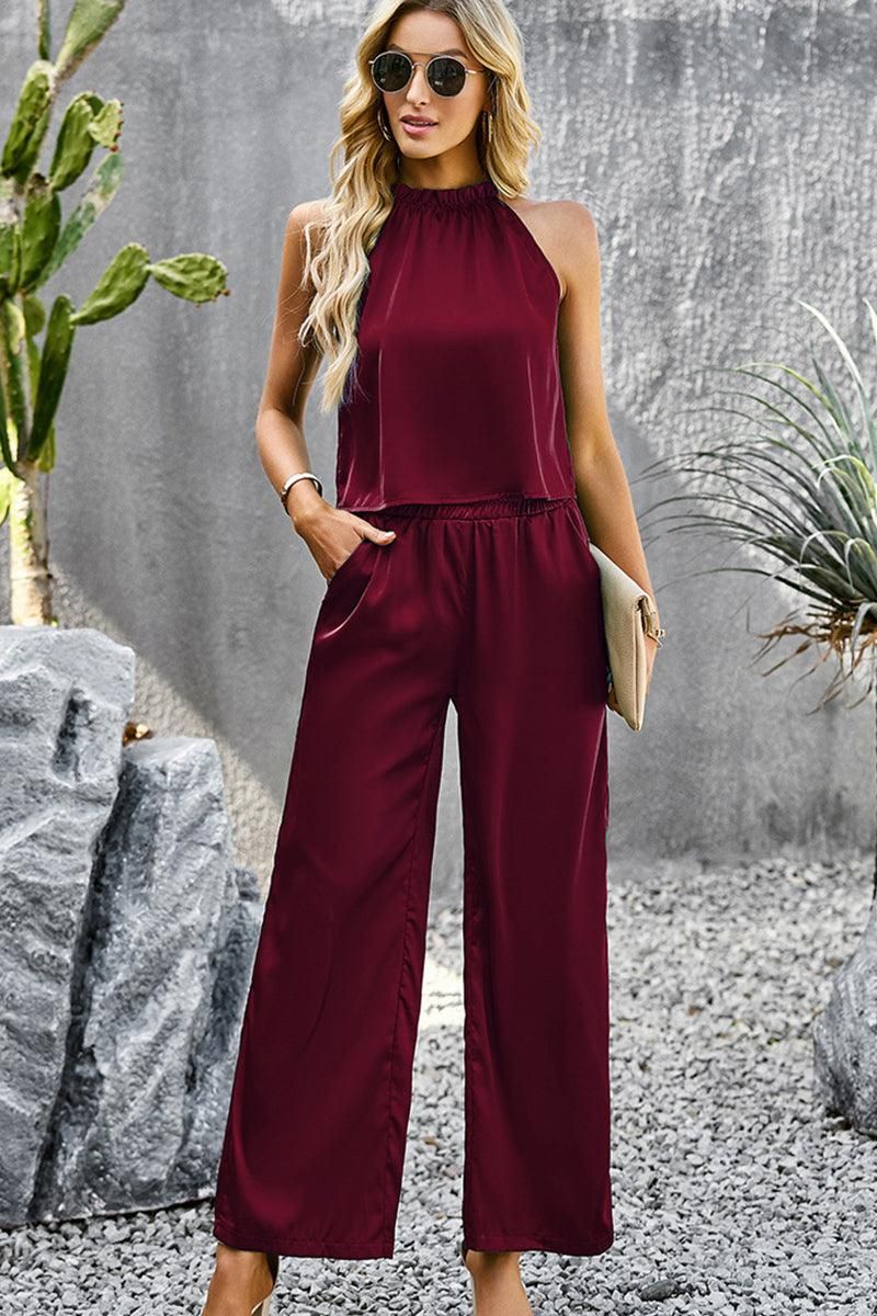 HIGH HALTER NECK SLEEVELESS TOP AND PANTS SET - Doublju