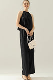 HIGH HALTER NECK SLEEVELESS TOP AND PANTS SET - Doublju