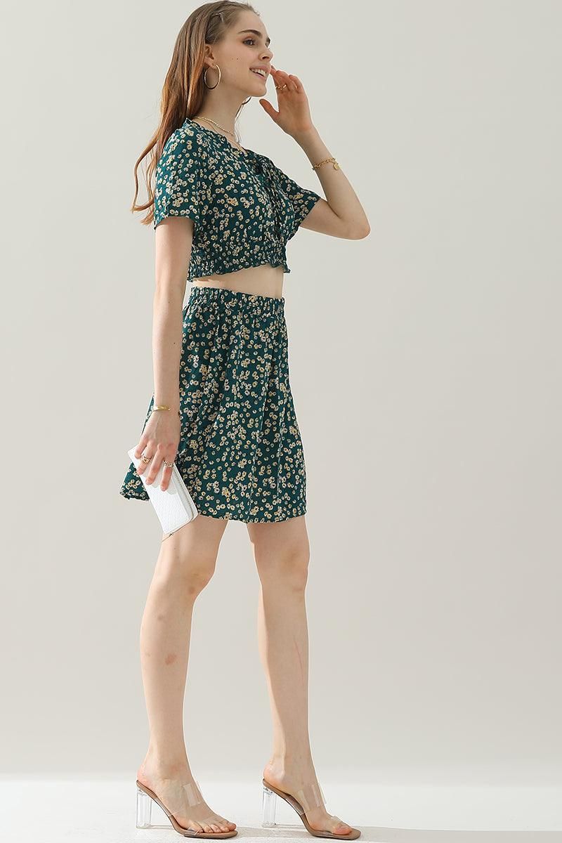 SMALL FLORAL CROP TOP AND HIGH WAIST SKIRT SET - Doublju