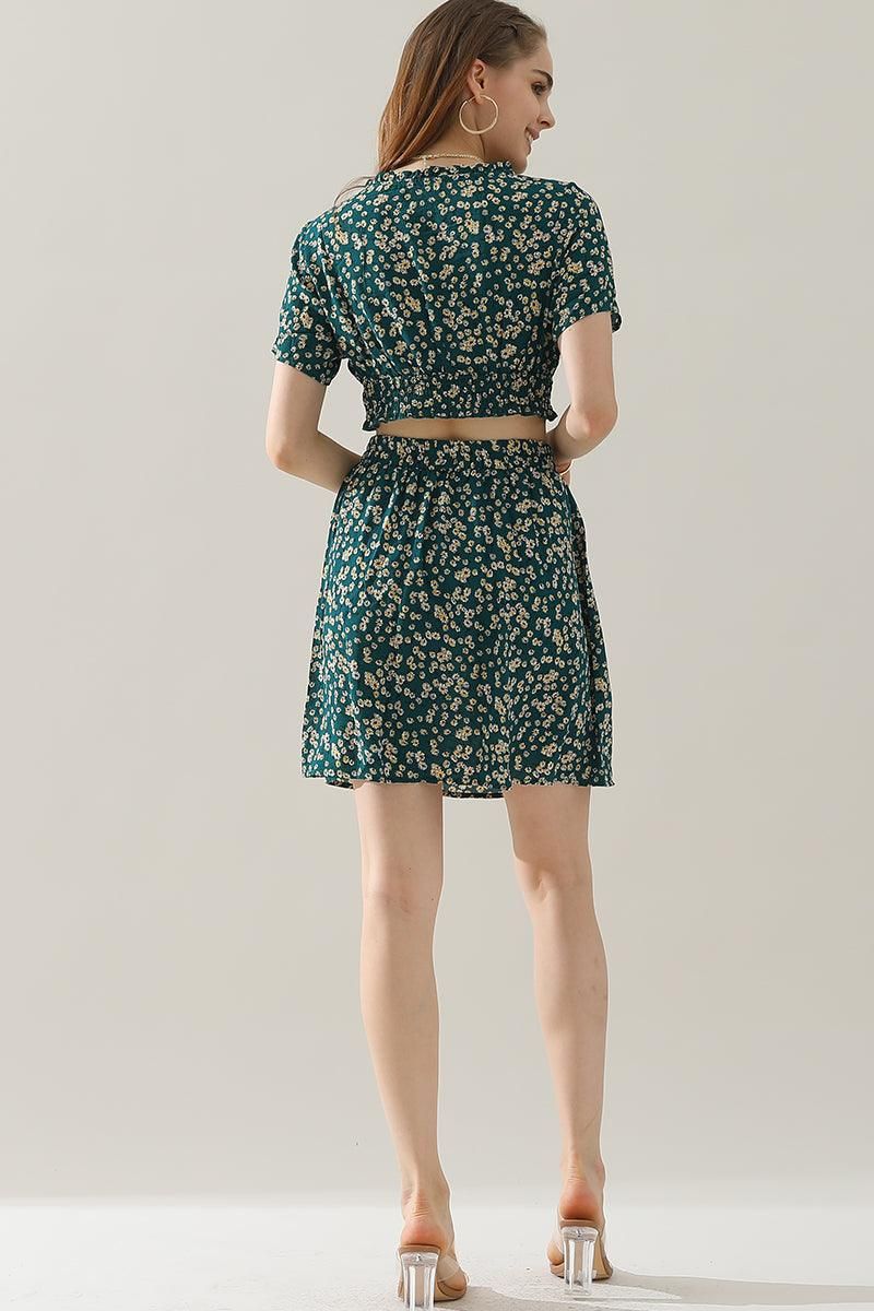 SMALL FLORAL CROP TOP AND HIGH WAIST SKIRT SET - Doublju