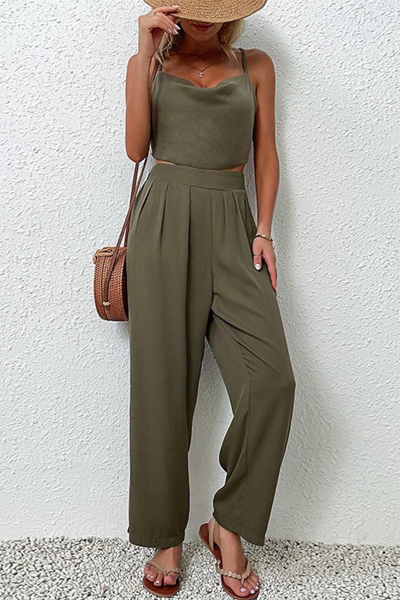 SEXY CROSS CROP TOP AND WIDE HIGH WAIST PANTS SET - Doublju