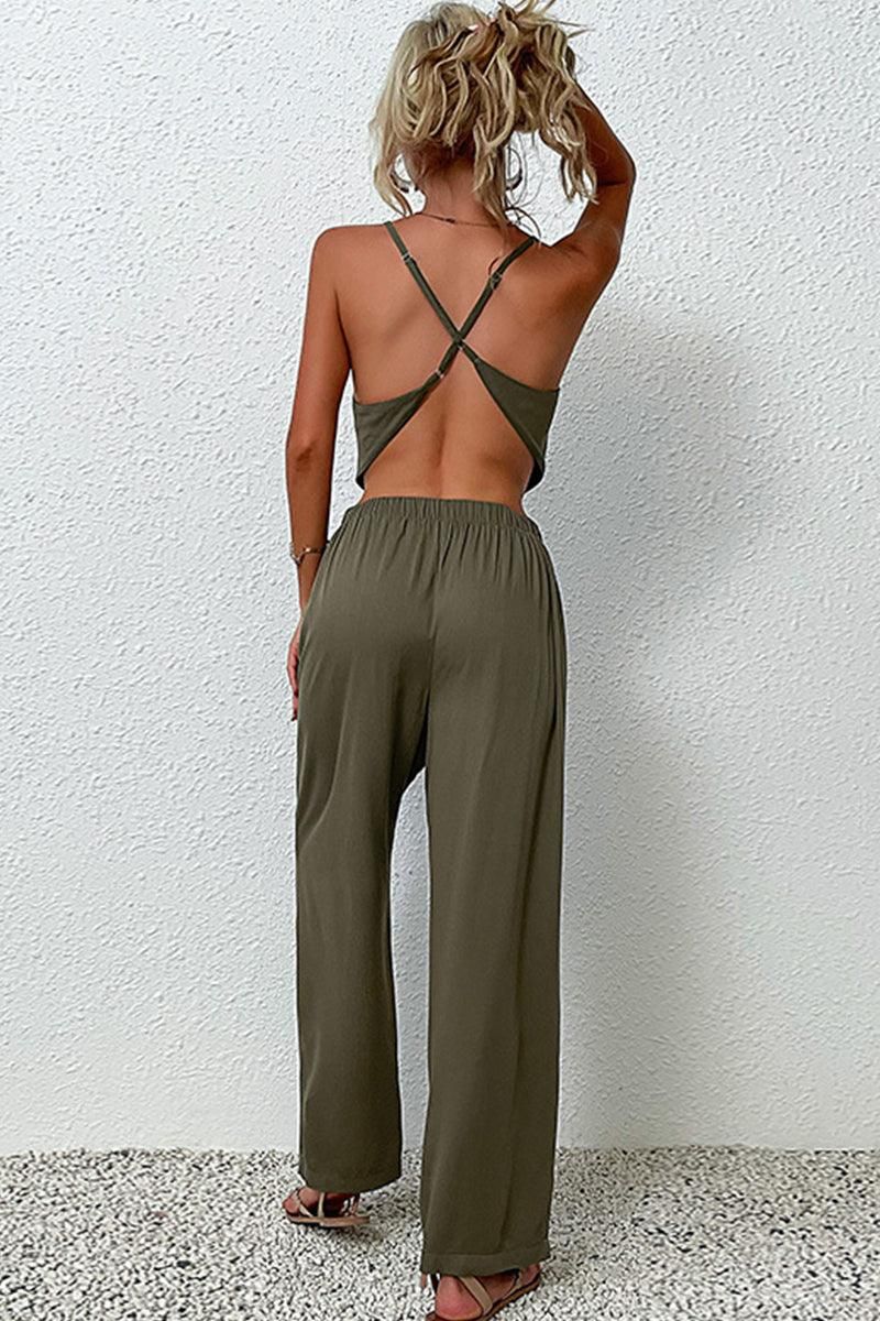 SEXY CROSS CROP TOP AND WIDE HIGH WAIST PANTS SET - Doublju