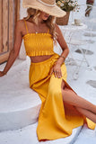 SPAGHETTI SLEEVE SMOKED TOP AND SLIT SKIRT SET - Doublju