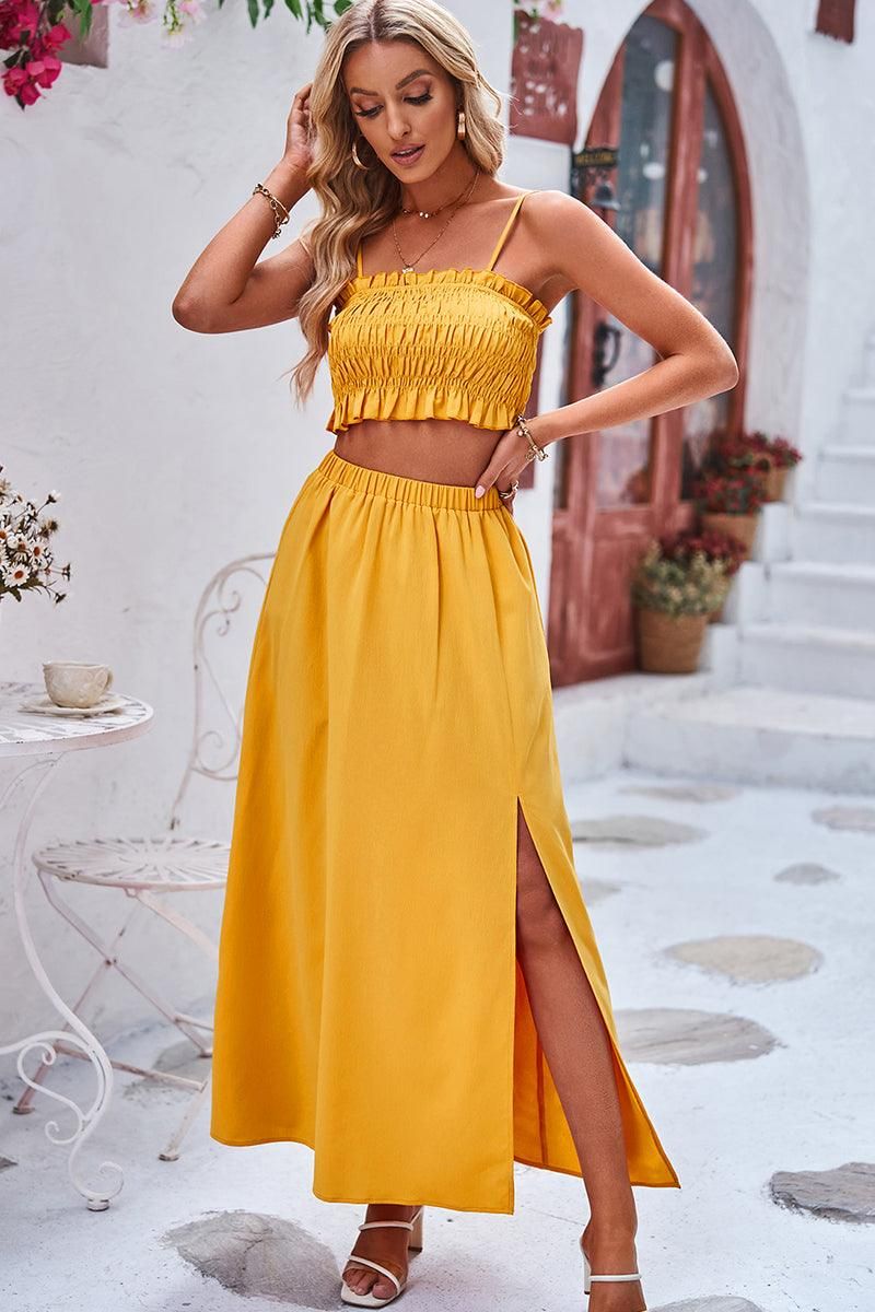 SPAGHETTI SLEEVE SMOKED TOP AND SLIT SKIRT SET - Doublju