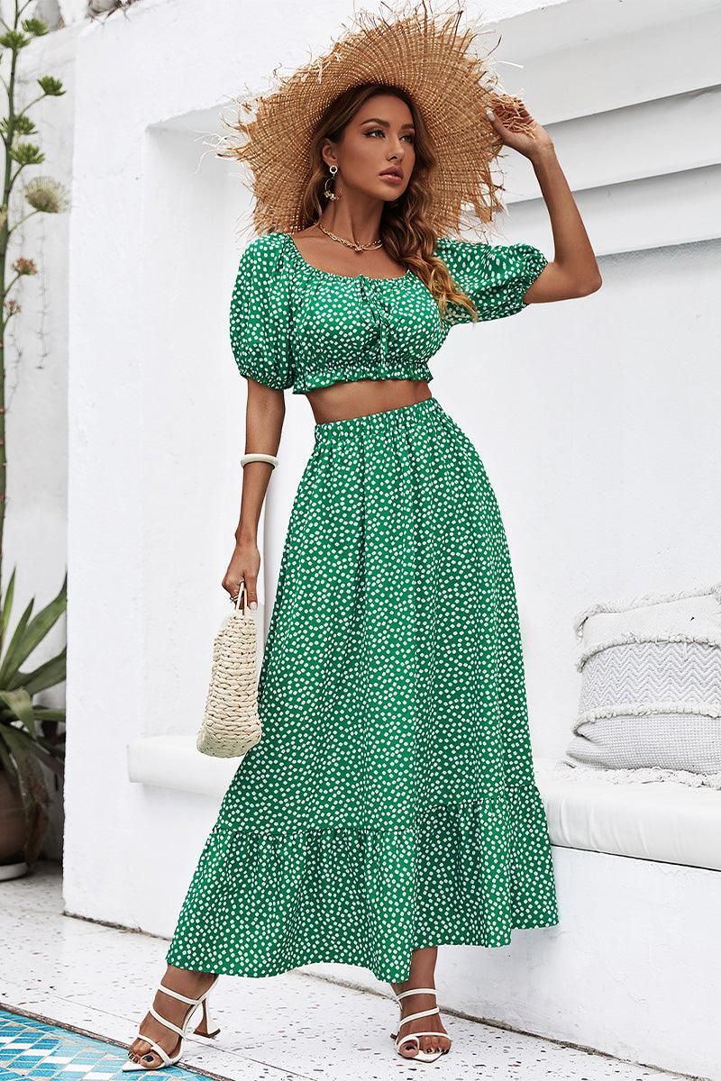 FLORAL PUFF CROP TOP AND LONG FLARE SKIRT SET - Doublju