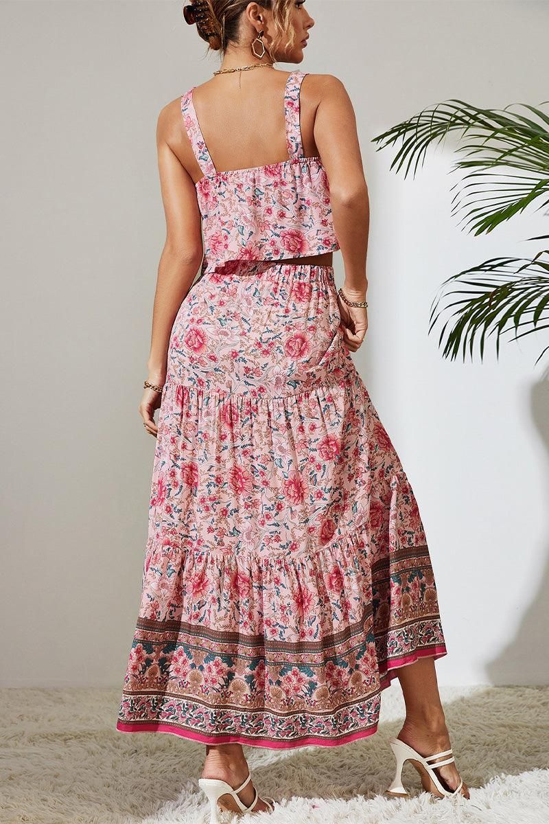 BOHEMIAN LOOSE CROP TOP AND MAXI SKIRT SET - Doublju