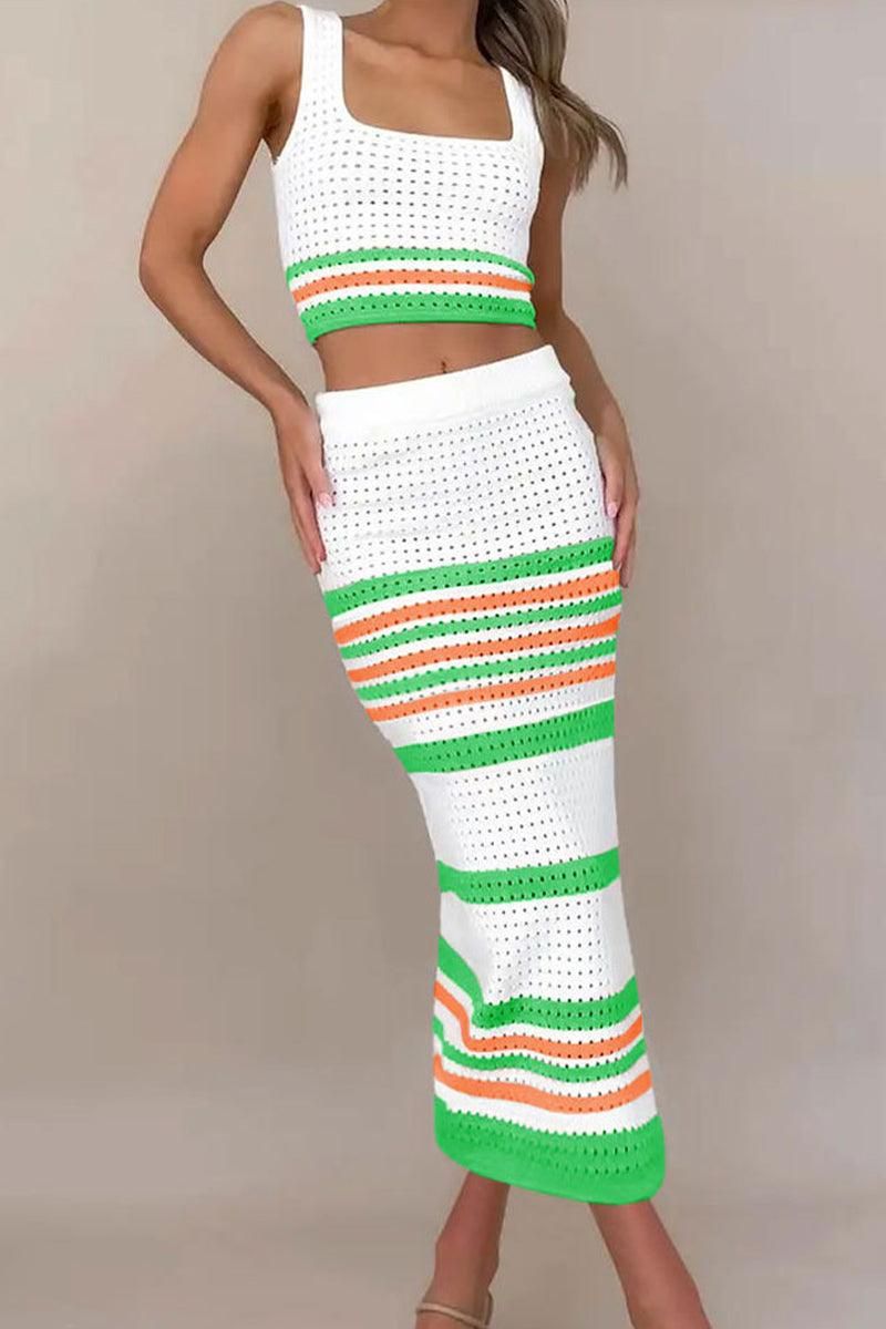 COLOR STRIPED CORP TOP AND SLIT SKIRT SET - Doublju