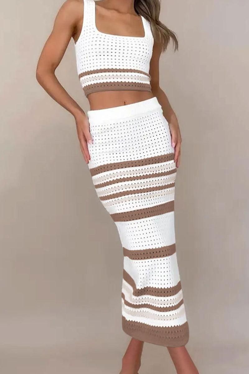 COLOR STRIPED CORP TOP AND SLIT SKIRT SET - Doublju