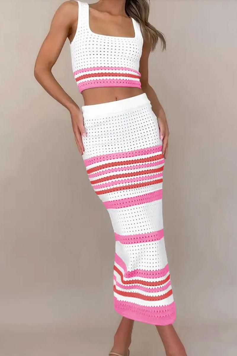 COLOR STRIPED CORP TOP AND SLIT SKIRT SET - Doublju