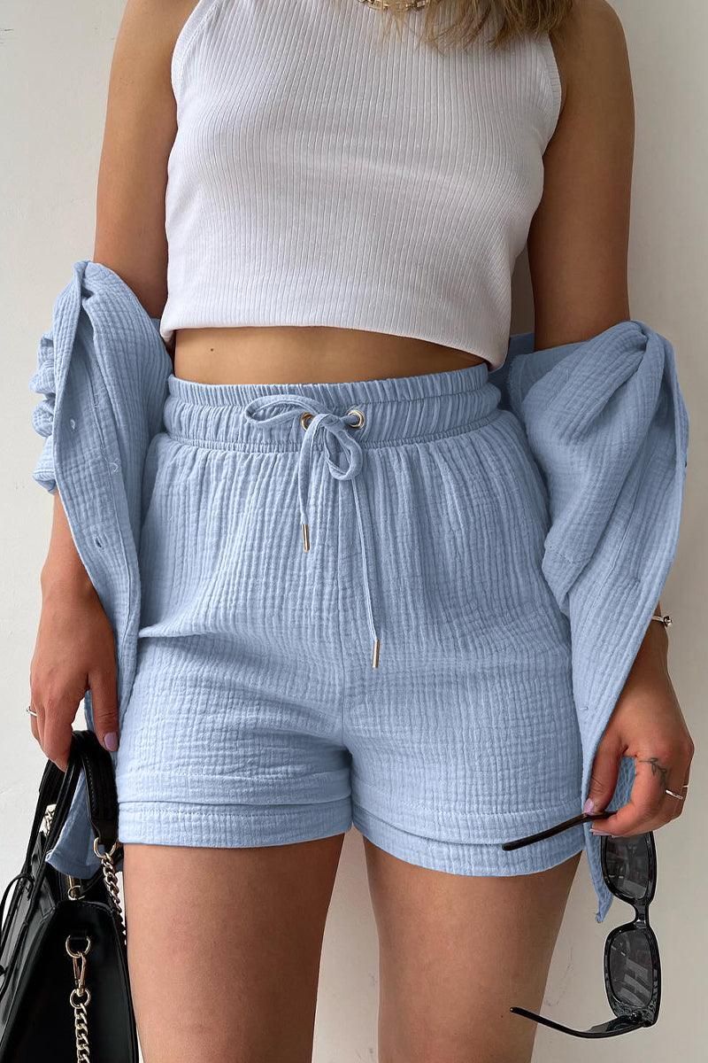 LONG SLEEVE SHIRTS AND DRAWSTRING SHORT SET - Doublju