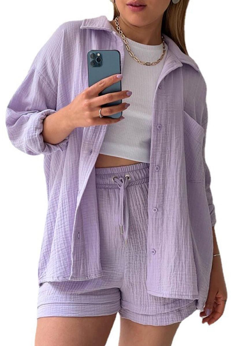 LONG SLEEVE SHIRTS AND DRAWSTRING SHORT SET - Doublju