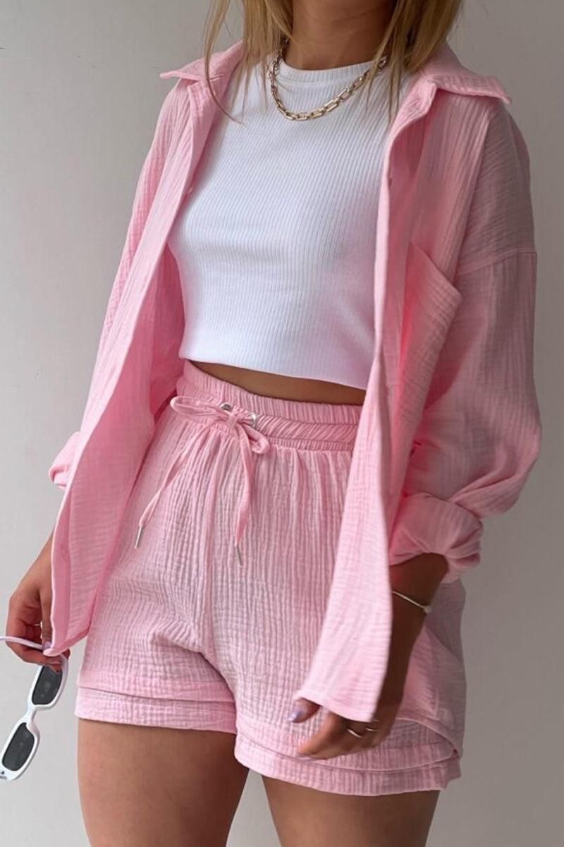 LONG SLEEVE SHIRTS AND DRAWSTRING SHORT SET - Doublju