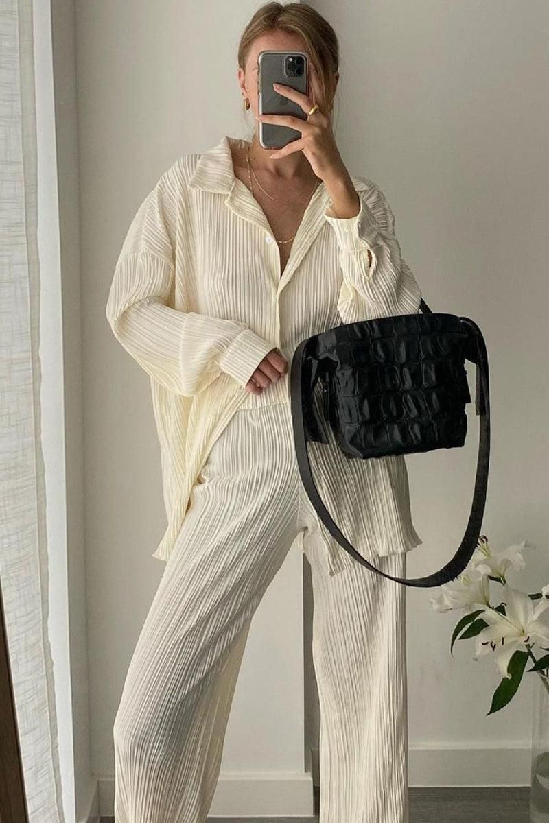 WOMEN OVERSIZED PLEATED SHIRTS AND PANTS SET - Doublju