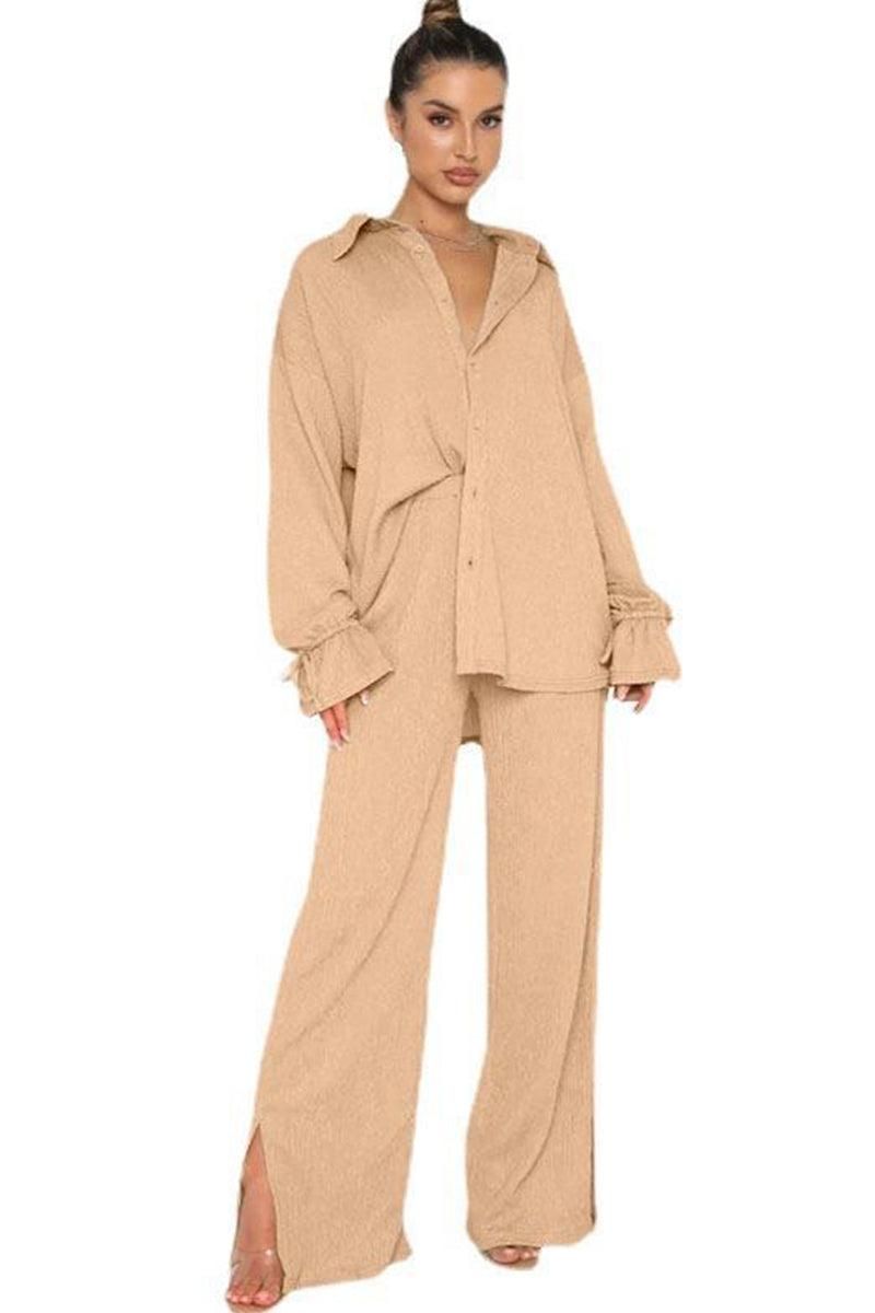 WOMEN OVERSIZED BUTTON UP SHIRTS AND PANTS SET - Doublju