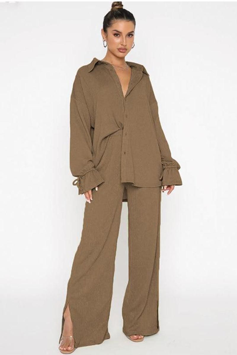 WOMEN OVERSIZED BUTTON UP SHIRTS AND PANTS SET - Doublju