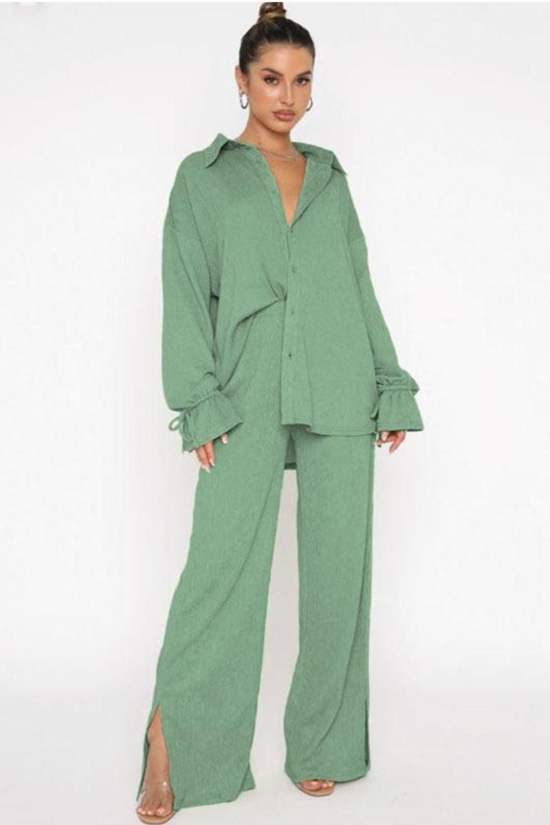 WOMEN OVERSIZED BUTTON UP SHIRTS AND PANTS SET - Doublju