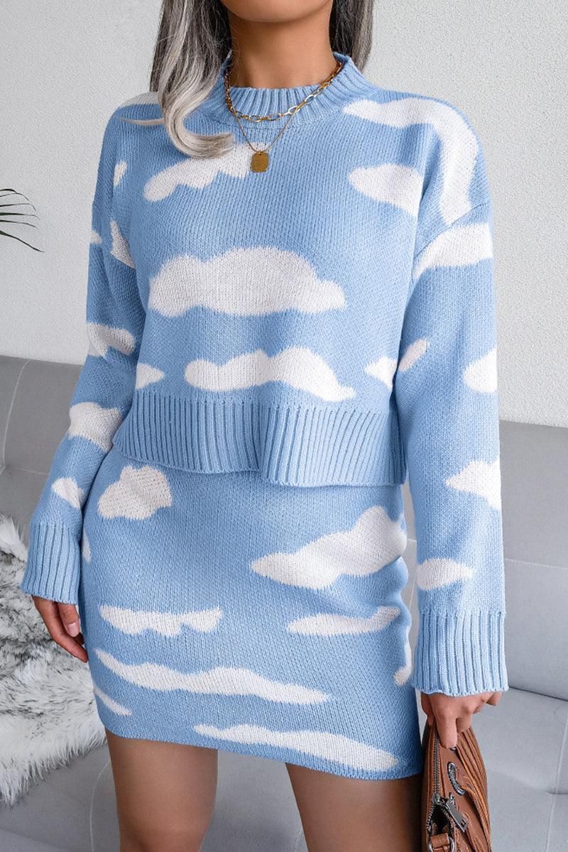 WOMEN CLOUD PRINTING SHORT SWEATER AND SKIRT SET - Doublju