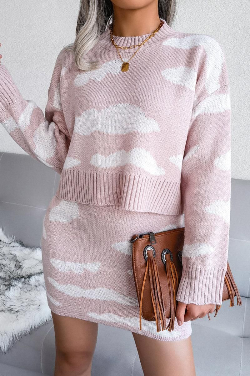 WOMEN CLOUD PRINTING SHORT SWEATER AND SKIRT SET - Doublju