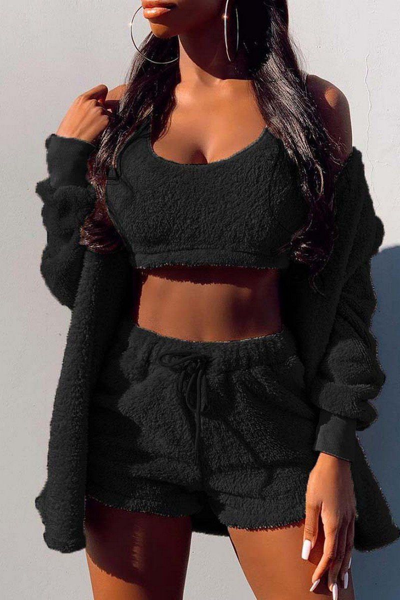 PLUSH WARM TANK SHORT JACKET 3PIECES SET