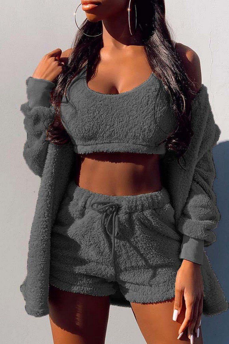 PLUSH WARM TANK SHORT JACKET 3PIECES SET