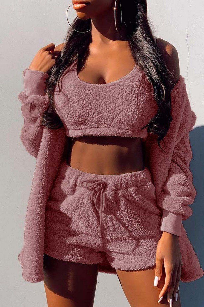 PLUSH WARM TANK SHORT JACKET 3PIECES SET