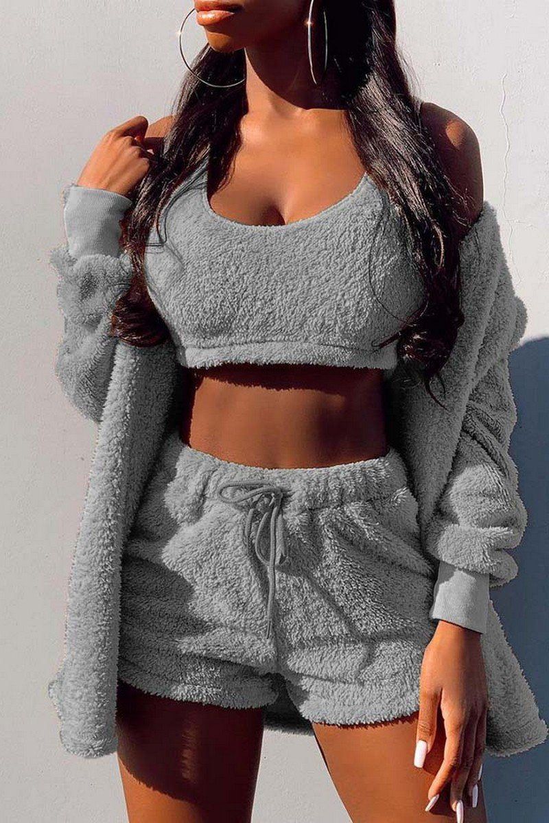 PLUSH WARM TANK SHORT JACKET 3PIECES SET