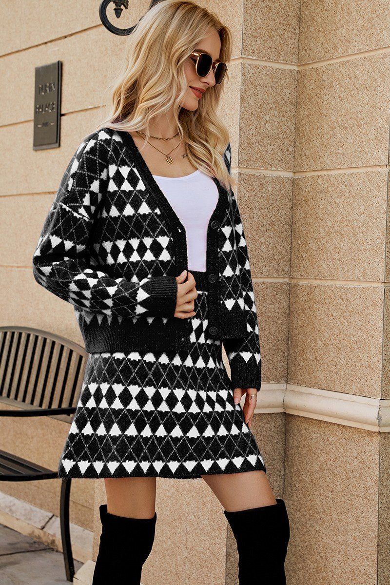 WOMEN V NECK KNIT CARDIGAN AND SHORT SKIRT SET