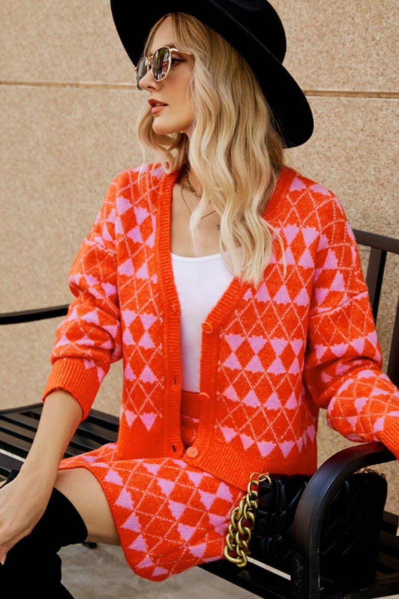 WOMEN V NECK KNIT CARDIGAN AND SHORT SKIRT SET