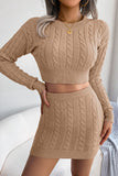 WOMEN CABLE KNIT CROP SWEATSHIRT AND SKIRT SET