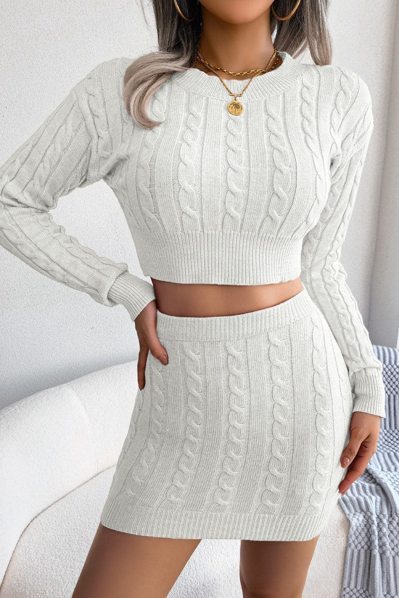 WOMEN CABLE KNIT CROP SWEATSHIRT AND SKIRT SET