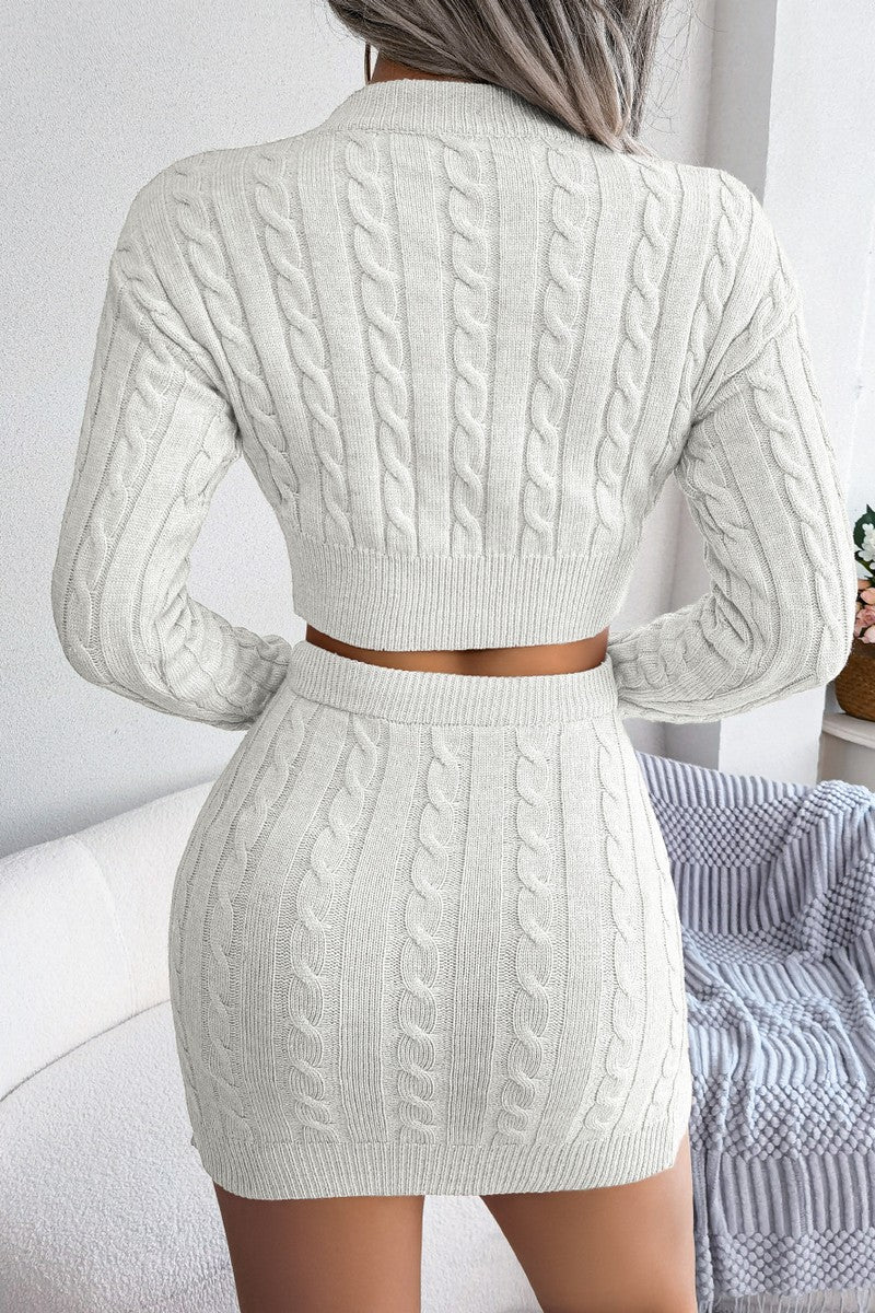 WOMEN CABLE KNIT CROP SWEATSHIRT AND SKIRT SET