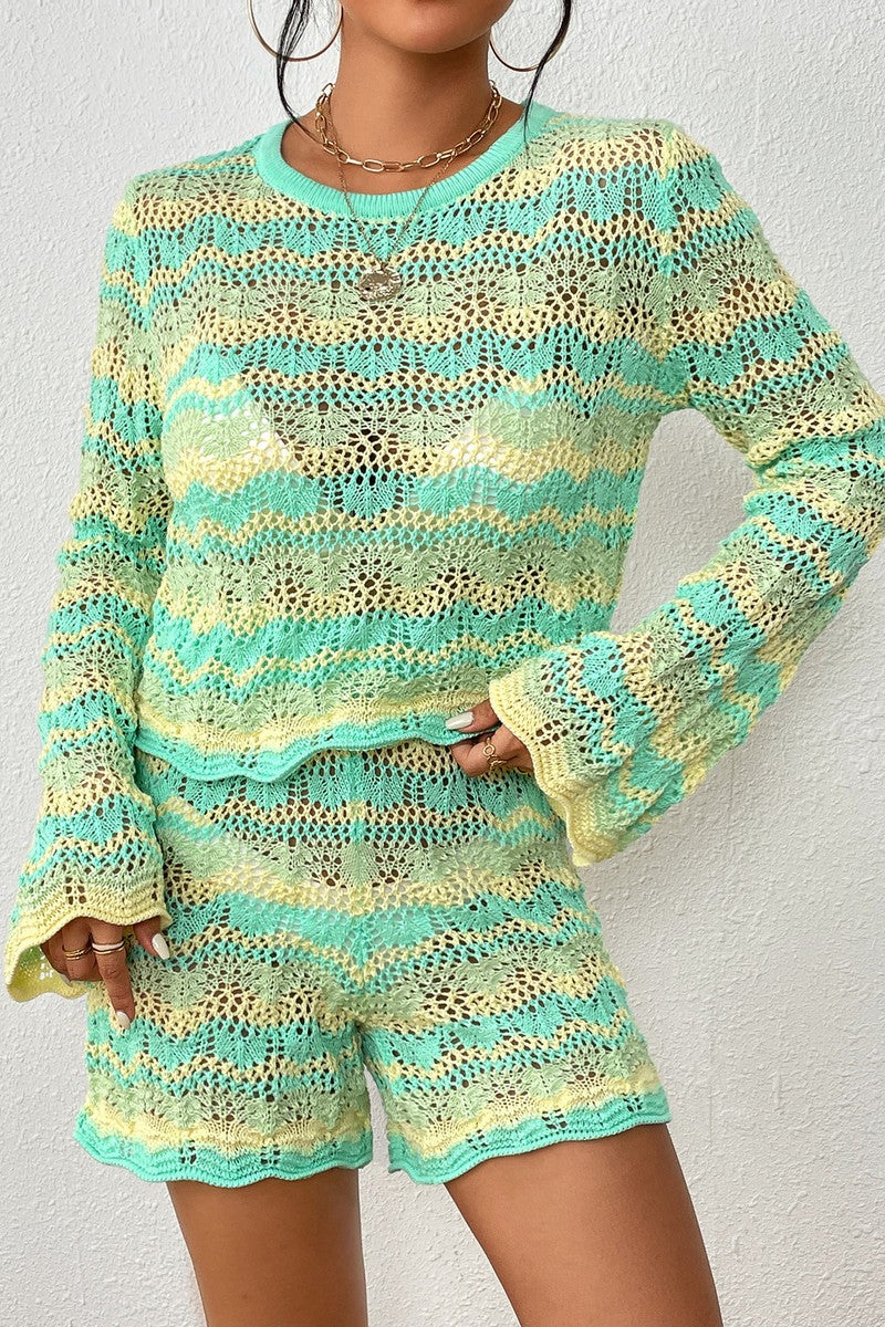 WOMEN KNITTED LONG SLEEVE TOP AND SHORTS SET