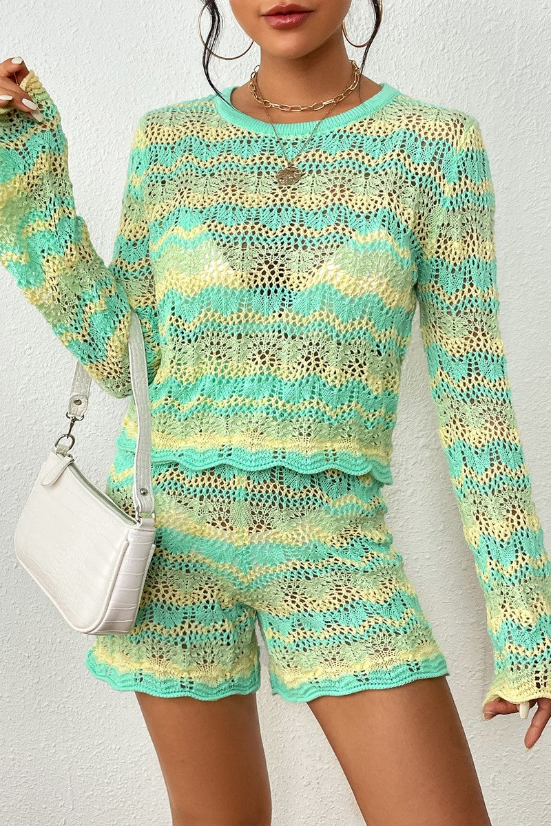 WOMEN KNITTED LONG SLEEVE TOP AND SHORTS SET