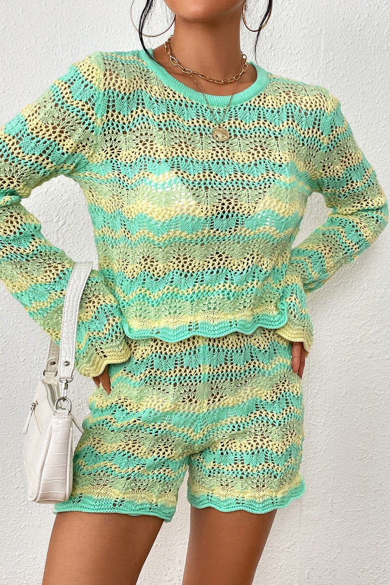 WOMEN KNITTED LONG SLEEVE TOP AND SHORTS SET