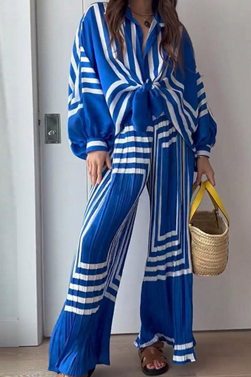 WOMEN STRIPE WIDE LEG PANTS AND SHIRTS SET