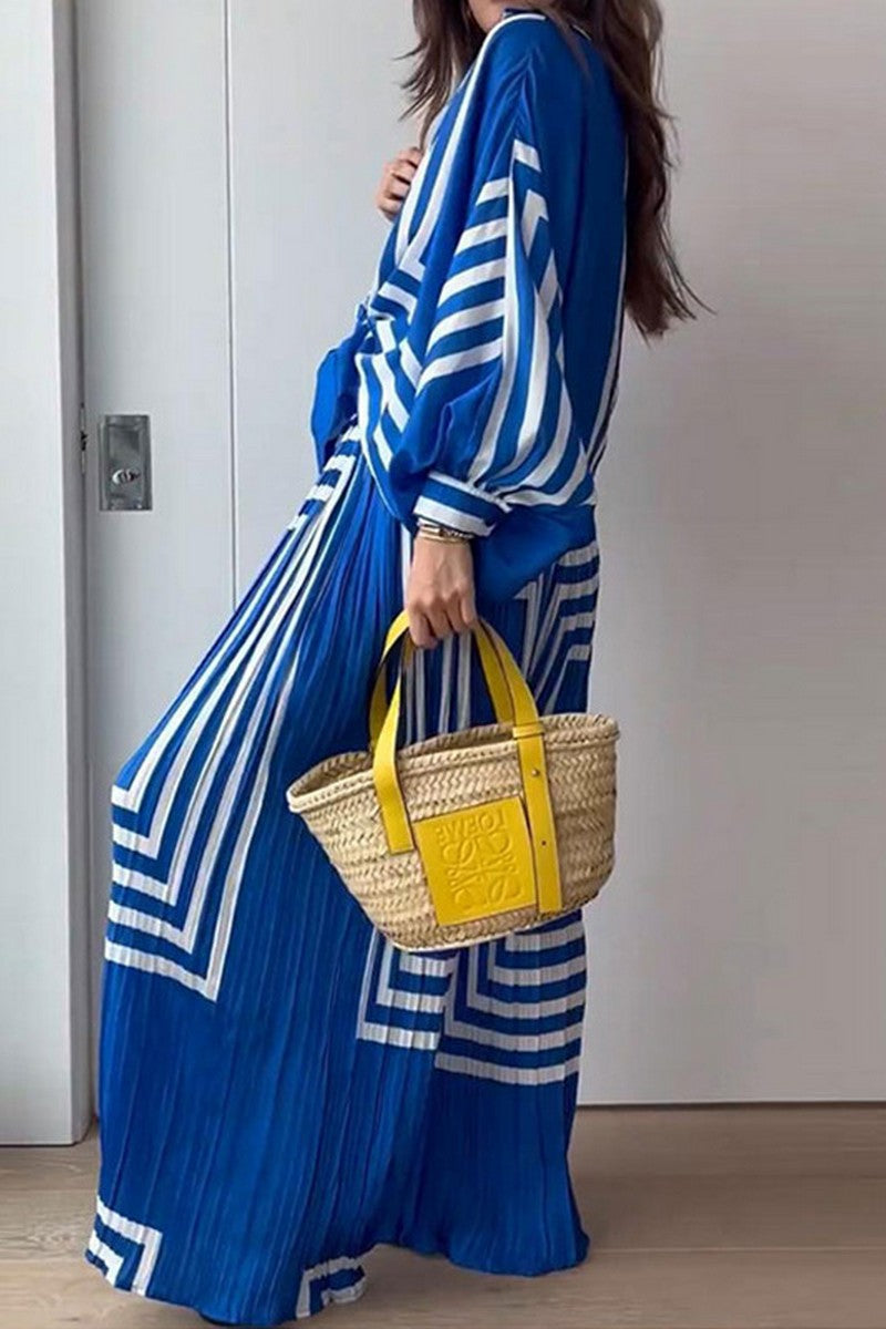 WOMEN STRIPE WIDE LEG PANTS AND SHIRTS SET