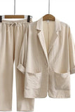 WOMEN SOLID LOOSE FIT LINEN BLAZER AND PANTS SET