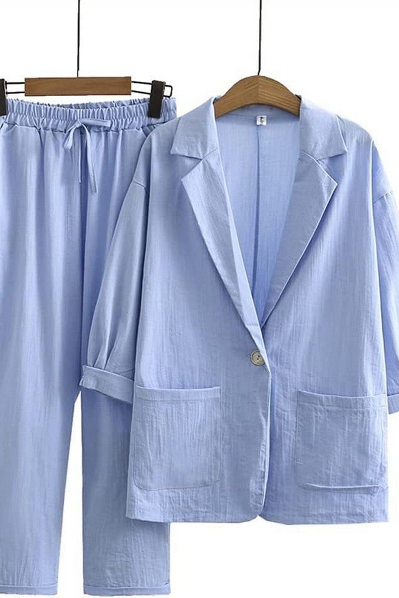 WOMEN SOLID LOOSE FIT LINEN BLAZER AND PANTS SET