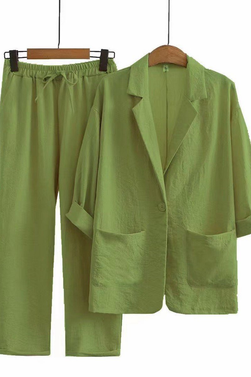 WOMEN SOLID LOOSE FIT LINEN BLAZER AND PANTS SET
