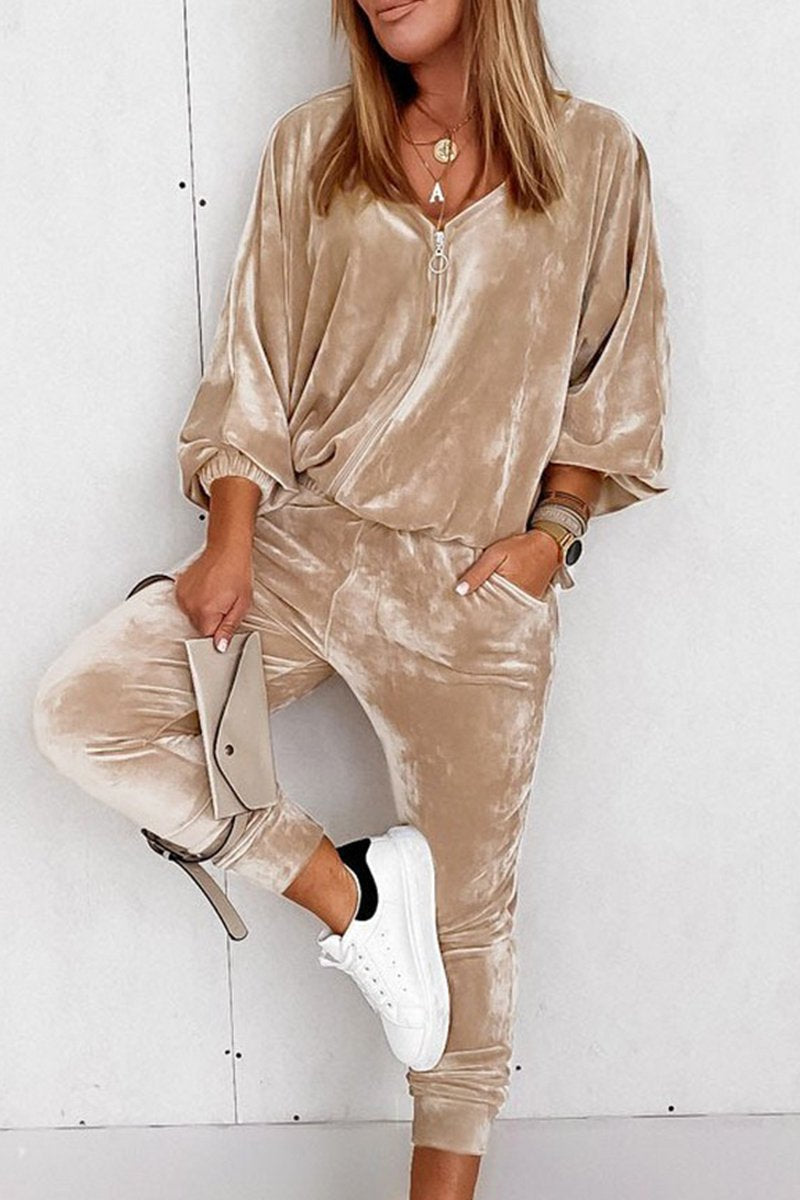 WOMEN LOOSE FIT COZY LOUNGWEAR TOP AND PANTS SET