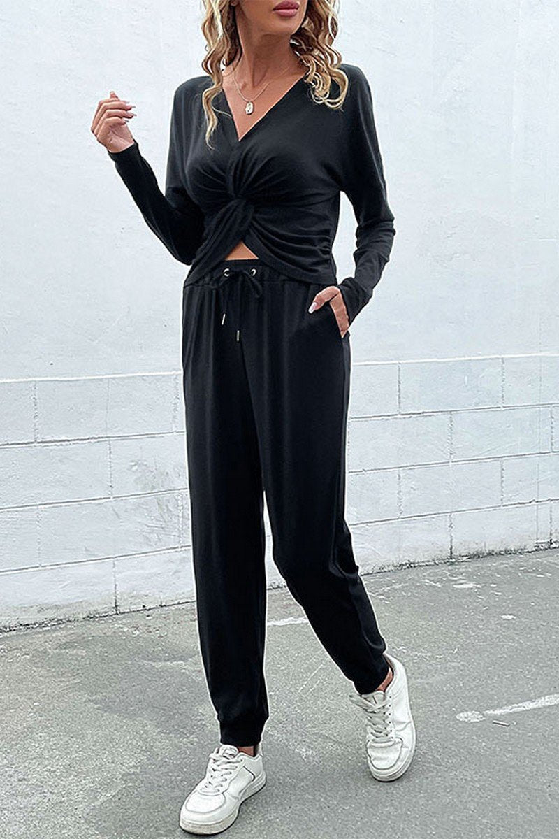 WOMEN FRONT TIED LONG SLEEVE TOP AND PANTS SET