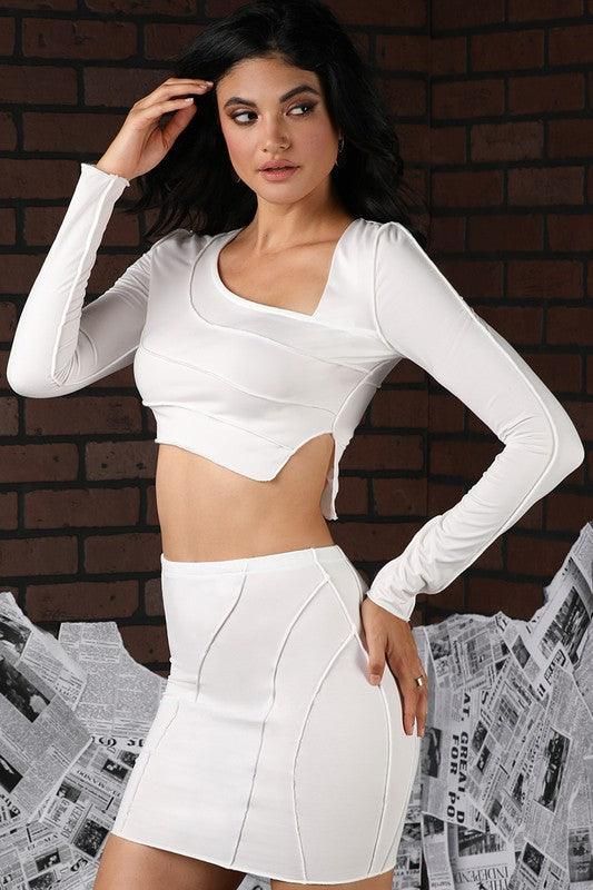 SEAM DETAILED CROP TOP WITH MINI SKIRT SET - Doublju