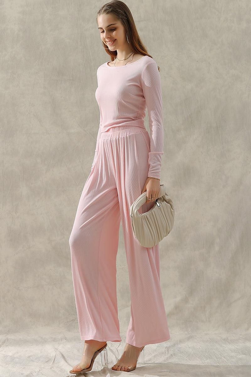 MODAL LONG SLEEVE T SHIRT TOP AND WIDE PANTS SET - Doublju