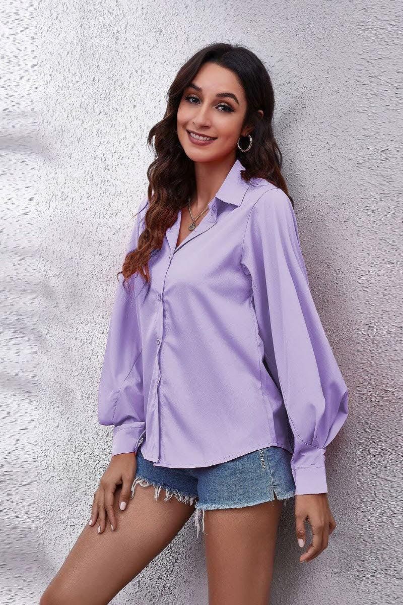 Solid Color Big Lantern Sleeve Shirt - Doublju